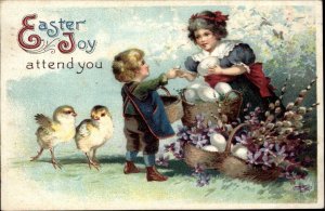 Easter Little Girl and Boy with Chicks and Eggs c1910 Vintage Postcard