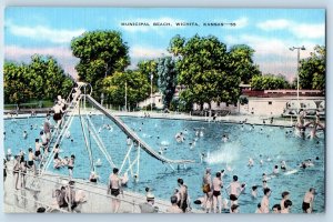 1940 Wichita Kansas KS Vintage Postcard Municipal Beach Swimming Pool View Crowd