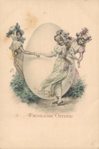 Happy Easter Vienna Ladies With A Huge Easter Egg Vintage Postcard 03.34