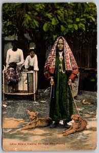 Vtg Penang Malaysia Indian Woman Training The Tiger Kid Cub 1910s Postcard