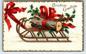 Signed CLAPSADDLE Embossed CHRISTMAS c1900s Postcard~ SLEIGH & YULE LOG