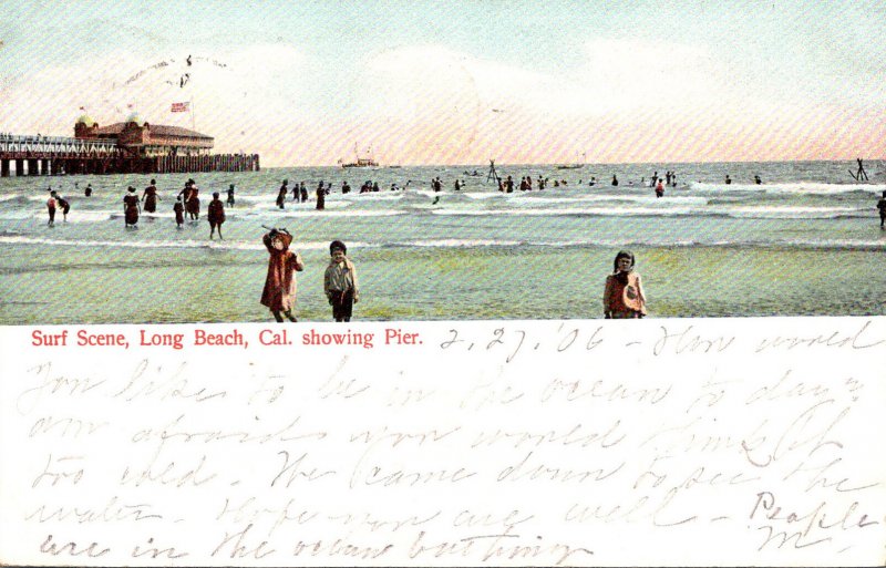 California Long Beach Surf Scene Showing Pier 1906