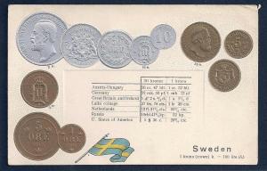 SWEDEN Coins & Rates embossed postcard used c1910