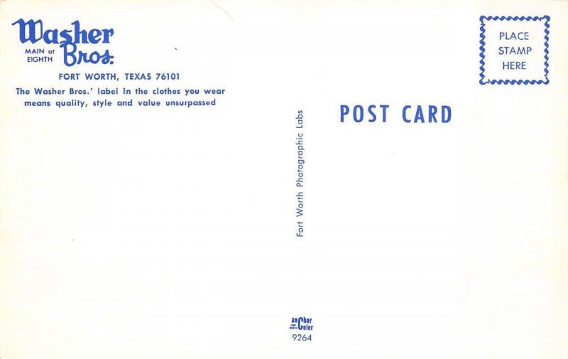 FORT WORTH, TX Texas  WASHER BROTHERS~BROS CLOTHING  Main & Eighth  AD Postcard