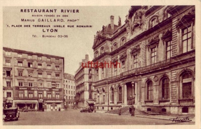 FRANCE. RESTAURANT RIVIER Maison Fondee en 1896 Marius Gaillard, prop. LYON