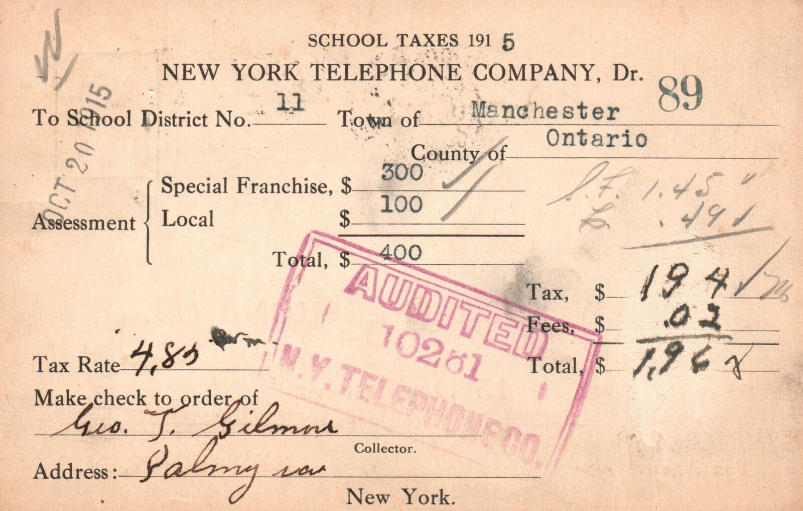 Vintage Postcard 1915 School Taxes New York Telephone Company 15 Day