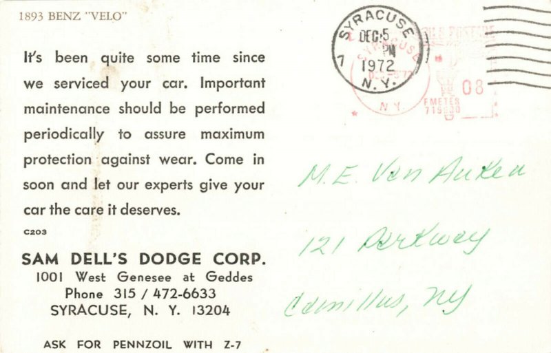 Postcard 1893 Benz Velo Posted 1972