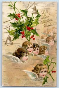 c1910's Christmas Cherub Angels Bell And Holly Berries Winsch Back Postcard