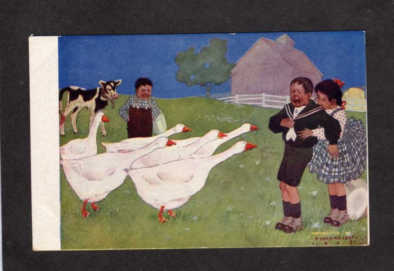 Geese Attacking Children Crying Boy Artist Signed F Cory Kilvert 1903 Postcard