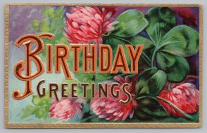 Greetings~Clovers & Blooms~Birthday~Vintage Postcard 