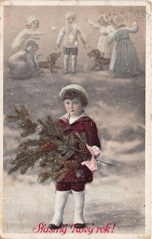 BG9191 fir branch boy child stastny novy rok new year greetings slovakia