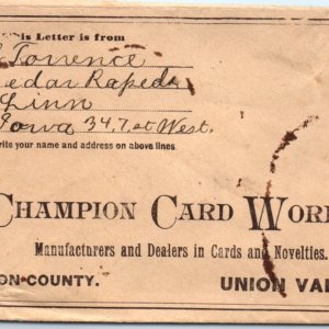 c1900s Union Vale, Ohio Champion Card Works Cover Letter Envelope Trade OH A157