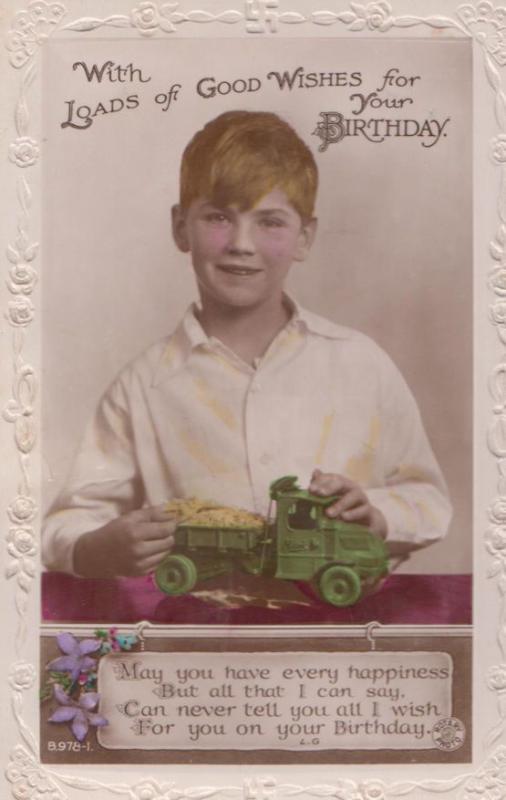 Boy With Cement Truck Toy Lorry Full Of Sand Antique Happy Birthday Postcard