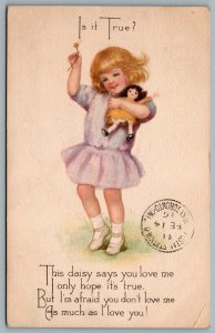 Postcard Valentines c1916 Is It True? Gibson Art Company Child Holding Doll CDS