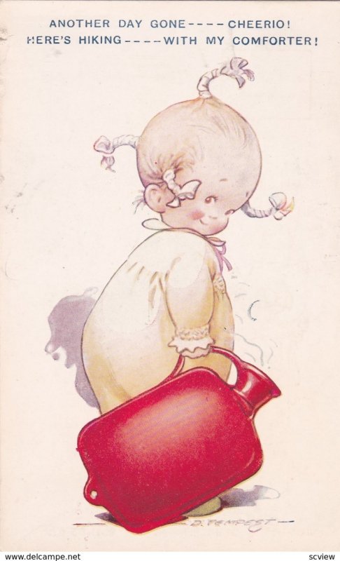 AS: D. Tempest, 1910-20s; Comic, Little girl walking off with hot water bottle