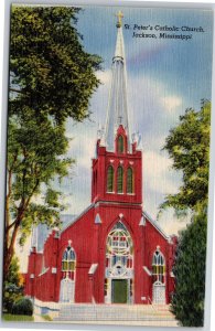 Jackson Mississippi~Front of St Peters Catholic Church~Vintage Linen Postcard