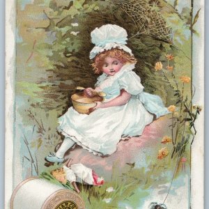 c1880s J&P Coats Thread Cute Girl Bonnet Hat Trade Card Spider Web G.H. Buek C54