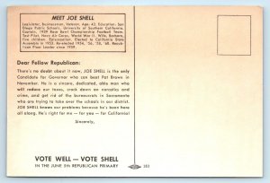 CALIFORNIA~Republican CANDIDATE  JOE SHELL  c1960s Political Postcard