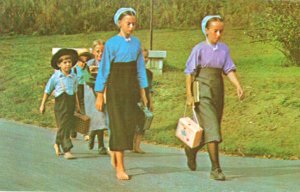 Group of Amish Children Walking Home from School with Brightly Colored Lunch ...