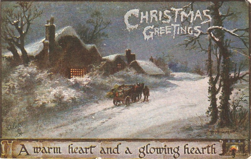 Snowed winter landscape. Cart Horse Tuck Oilette Christmas Greetings PC C5008