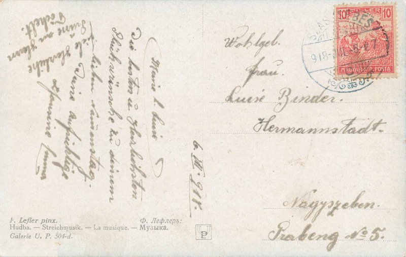 Strings music children violin and cello musical duo fine ant postcard 1918