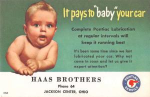 Jackson Center Ohio Haas Bros Pontiac Service Baby Ad Vintage Postcard J72716 