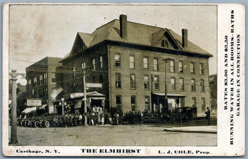 CARTHAGE NY THE ELMHIRST ADVERTISING ANTIQUE POSTCARD garage us flags