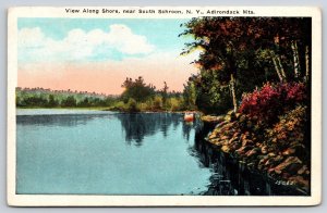 Schroon New York~View Along Lake Shore In Adirondack Mts~Boat~1925 Postcard