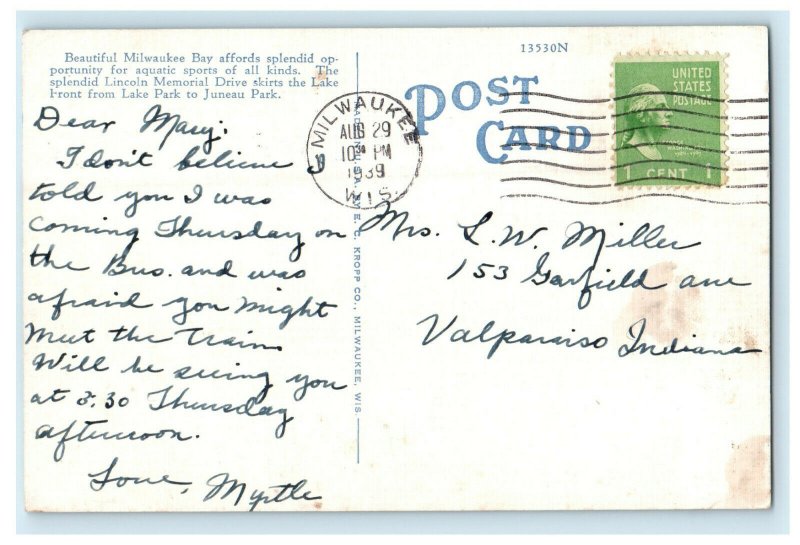 1939 Milwaukee Bay Showing US Coast Guard Station Vintage Posted Postcard