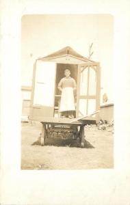 c1910 RPPC Postcard; Man in Apron at back of Chuck Wagon, Unknown Western US