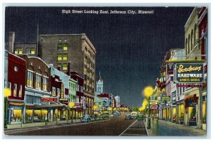 Jefferson City Missouri Postcard High Street Looking East Exterior Night c1940
