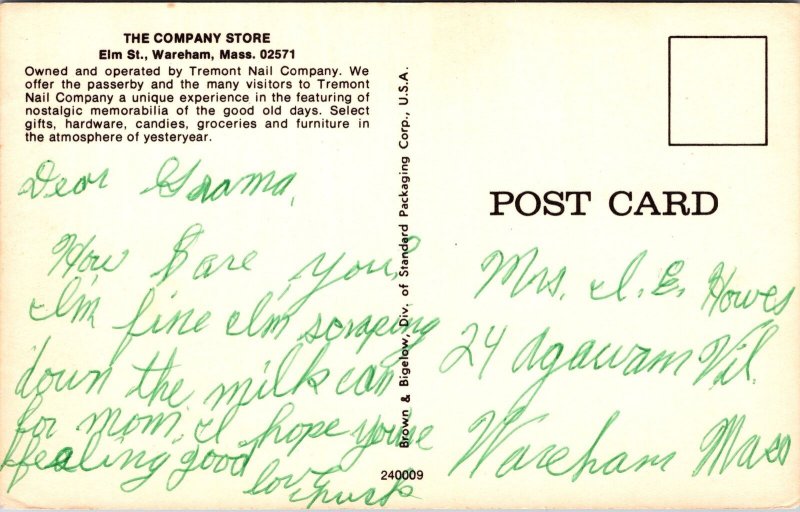 VINTAGE POSTCARD THE COMPANY STORE LOCATED AT ELM STREET WAREHAM MASSACHUSETTS