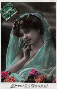 VINTAGE POSTCARD 1920's HAPPY NEW YEAR PRETTY WOMAN PORTRAIT