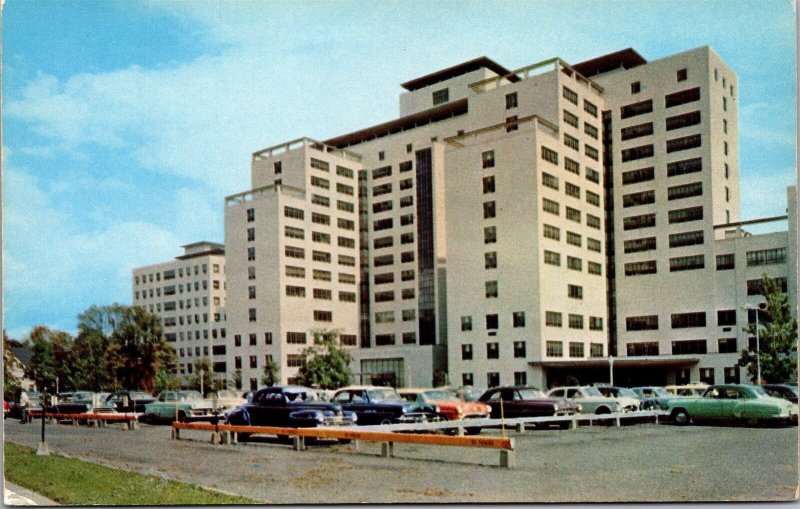 Vtg Connecticut CT Hartford Hospital Parking Lot Old Cars 1950s View Postcard