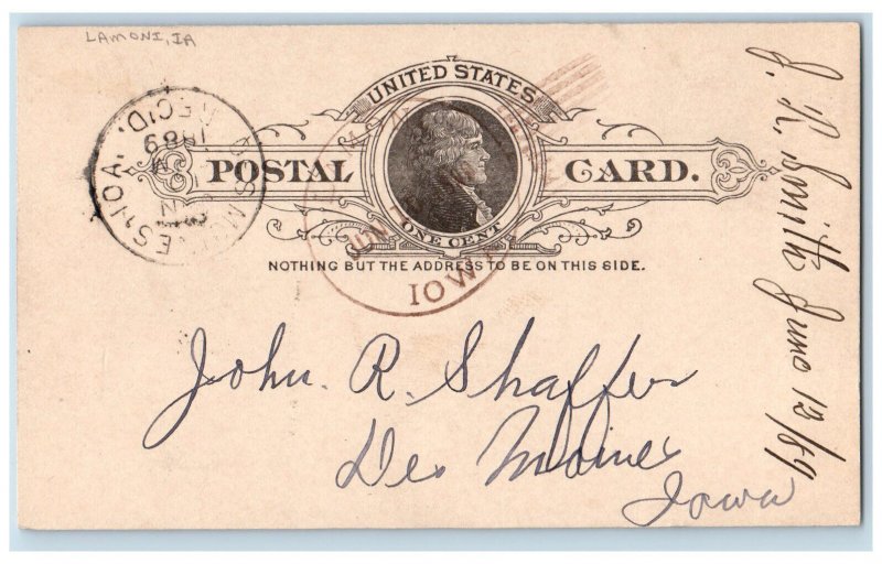 Lamoni Iowa IA Des Moines IA Postal Card Forgotten Letter 1889 Antique
