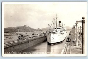 Panama Canal Postcard RPPC Photo U S A T Republic Entering Miraflores Locks 1936