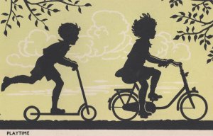 Playtime Old Bicycle & Toy Scooter Silhouette Antique Postcard