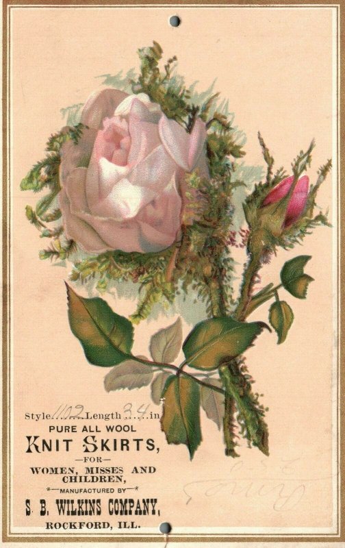 1880s-90s Pink Rose Flower S.B. Wilkens Co. Wool Knit Skirts Trade Card Embossed