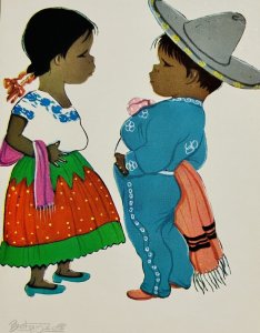 Vintage post card Mexico Mexican Kids Children Boy Girl Love Sombrero Tipico