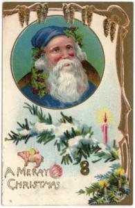 Christmas Greetings PC, Santa Wearing Blue Suit, 1908