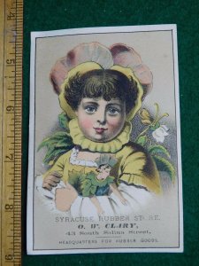 1870s-80s Syracuse Rubber Store O W Clary Girl Flower Dress Trade Card F34