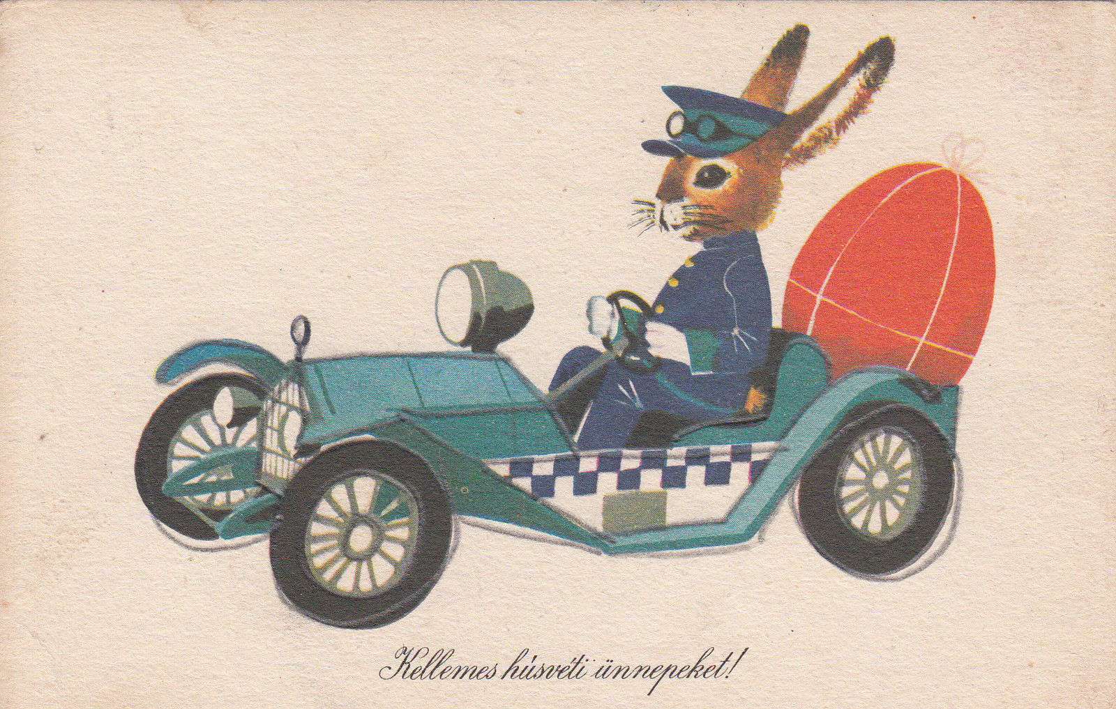 Easter Rabbit Car Driver Auto Caricature Huge Red Egg Fantasy Postcard Hippostcard