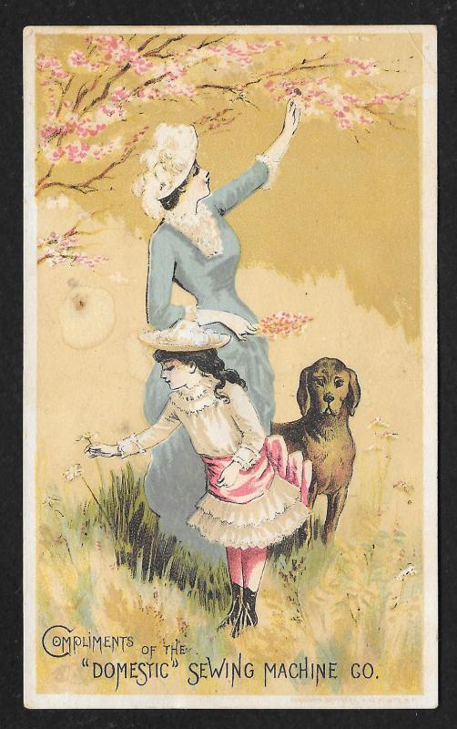 VICTORIAN TRADE CARD Domestic Sewing Co Fancy Dressed Mom Girl at Tree with Dog