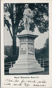 Burns Monument Barre VT Vermont c1906 Plainfield VT Cancel Litho Postcard E92