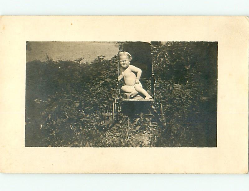 pre-1924 rppc ANTIQUE STROLLER & BABY ETHEL WEARING ONLY DIAPER - postcard v1262