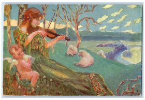 c1910's Easter Woman Playing Violin Angel Czech Republic Antique Postcard