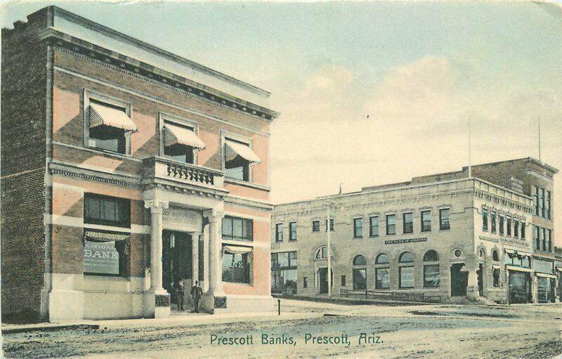 Banks C-1910 Prescott Arizona Postcard hand colored Corbin Bork 3546