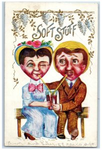 1910 Couple Romance Heart Head Soft Stuff Embossed St. Paul Minnesota Postcard