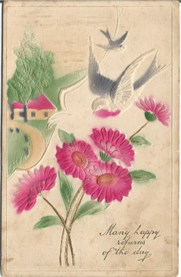 Blue Birds or Swallows Flying over Country Cottage with Pink Daisies Vintage