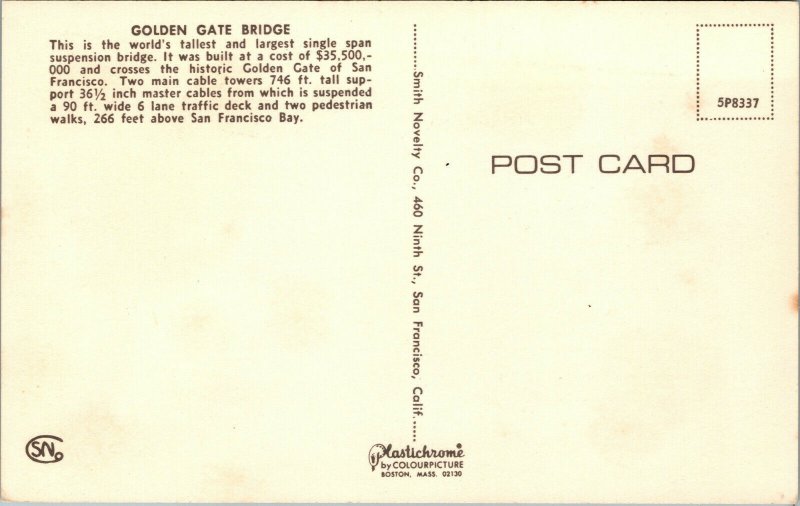 Vtg Golden Gate Bridge San Francisco California Bay CA Unused Postcard